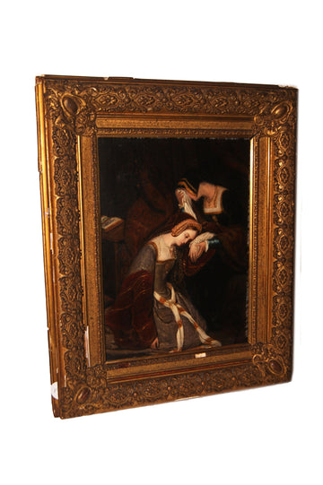 Stupendo olio su tela francese del 1800 raffigurante "Dame in cordoglio"