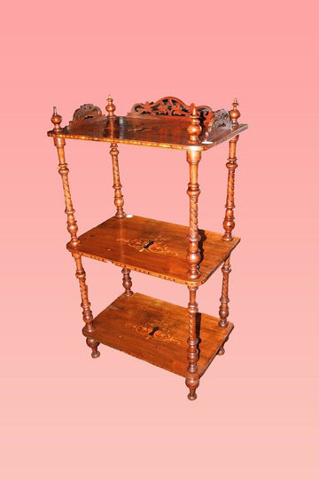 Ancient English etagere bookcase from the 1800s in walnut with 3-storey inlays