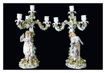 Coppia  di bellissimi candelabri in porcellana policroma manifattura Meissen a 5 fiamme
