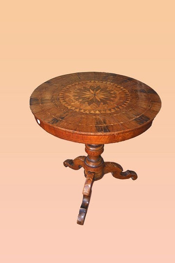 Antico tavolino circolare sorrentino riccamente intarsiato 1800