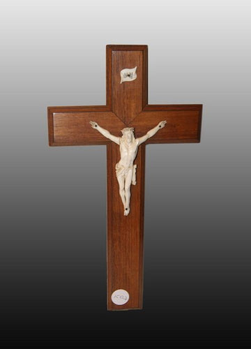 Antico crocifisso con cristo in avorio del 1800 e croce in legno con intarsio