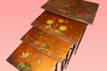 Group of antique Art Nouveau nest side tables with painted flowers from the 1800s