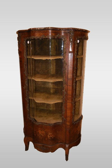 Ancient Louis XV style Vernis Martin display cabinet with marble and bronze inlays