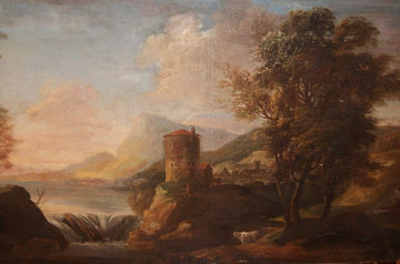 Antico dipinto del 1700 italiano paesaggio con montagne e personaggi