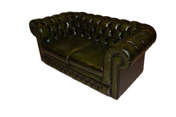 Antico divano inglese chesterfield 2 posti in pelle verde del 1950
