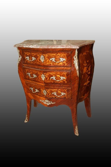 Antico piccolo cassettone francese Luigi XV del 1800 intarsiato