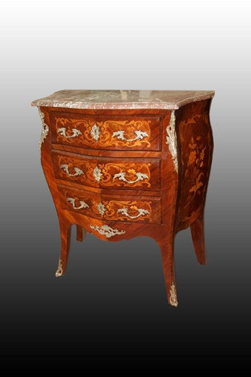 Antique small French Louis XV chest of drawers from 1800 inlaid