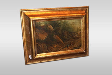 Bellissimo piccolo dipinto olio su tela francese del 1700 paesaggio