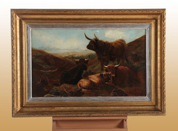 Antico olio su tela inglese del 1800 raffigurante animali al pascolo