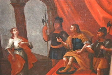 Antique oil painting on canvas Biblical scene of woman being judged by kings and soldiers