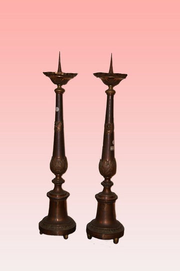 Coppia di torciere antiche del 1800 in metallo rame