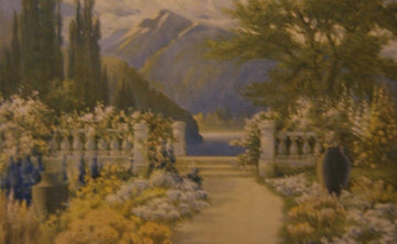 Antique English watercolor from 1800 landscape garden lake and mountains