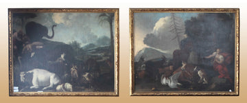 Antica coppia di oli su tela italiani del 1700 raffigurante creazione