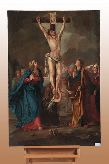 Antico olio su tela italiano del 1700 raffigurante crocifissione Gesù