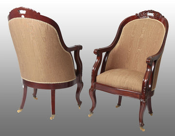 Coppia di antiche poltrone francesi del 1800 con intagli e rubelli Luigi Filippo