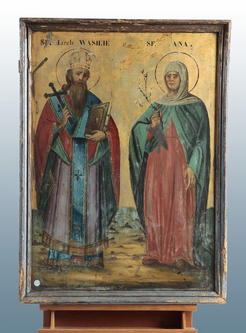 Ancient Russian icon from 1800 depicting Saint Basil and Saint Anna