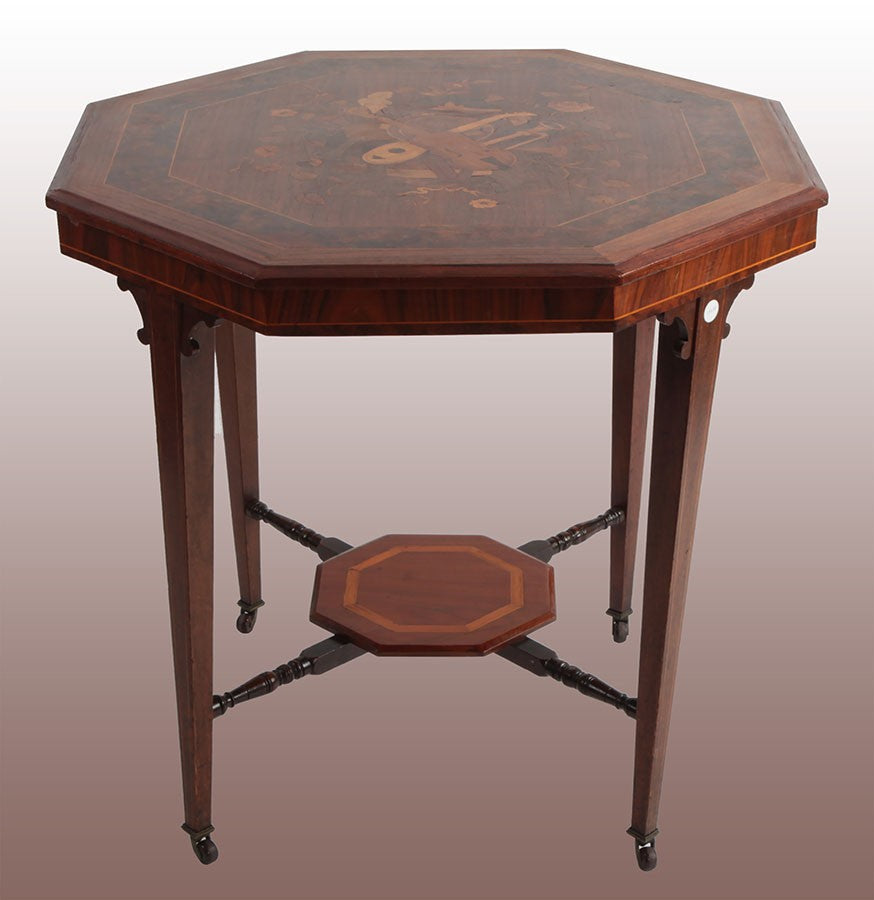 Antico tavolino inglese del 1800 noce ottagonale con piano intarsiato.