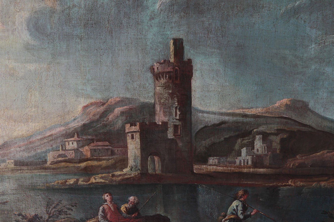 Antico olio su tela italiano del 1700 raffigurante paesaggio marino