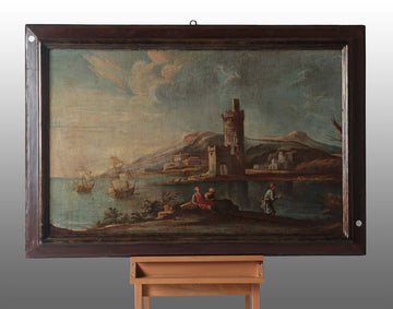 Antico olio su tela italiano del 1700 raffigurante paesaggio marino