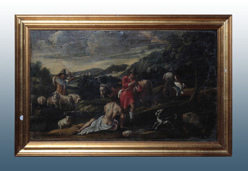 Italian oil on canvas from 1600 Bucolic landscape with animals and characters