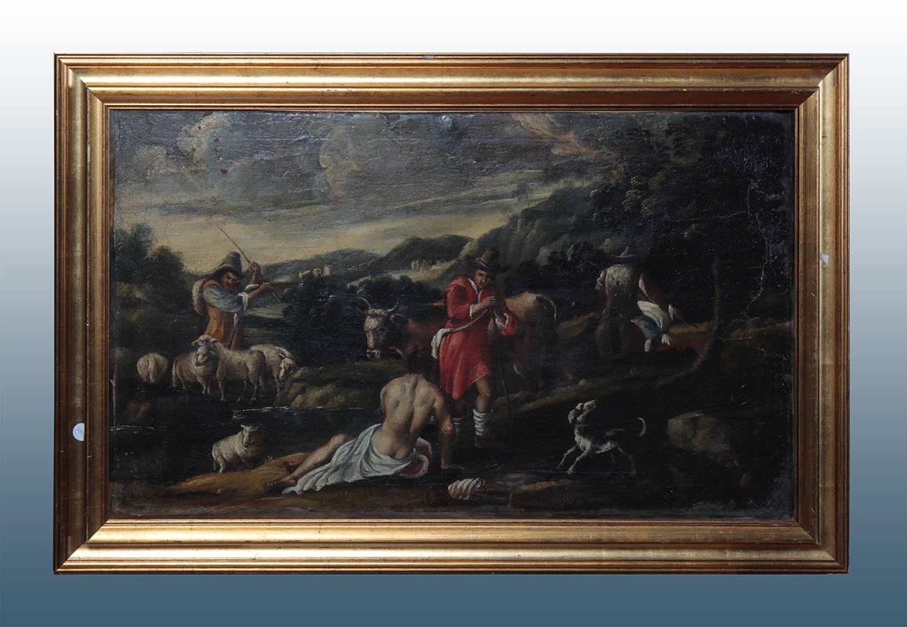 Antico olio su tela italiano del 1600 raffigurante paesaggio campagna