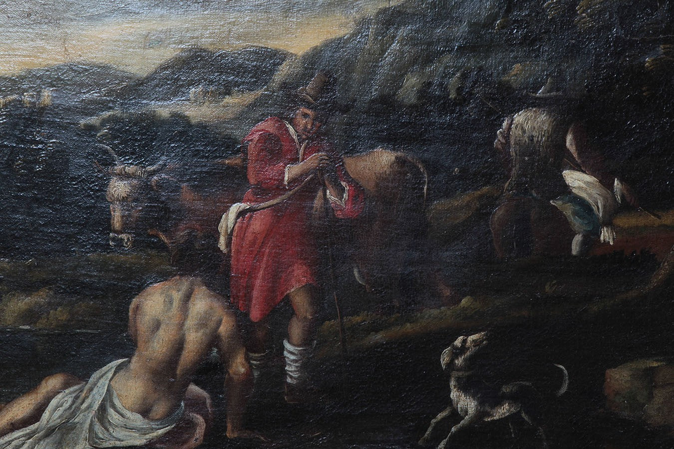 Antico olio su tela italiano del 1600 raffigurante paesaggio campagna