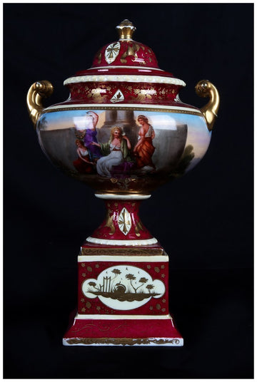 Antique red painted Vienna porcelain amphora vase and lid