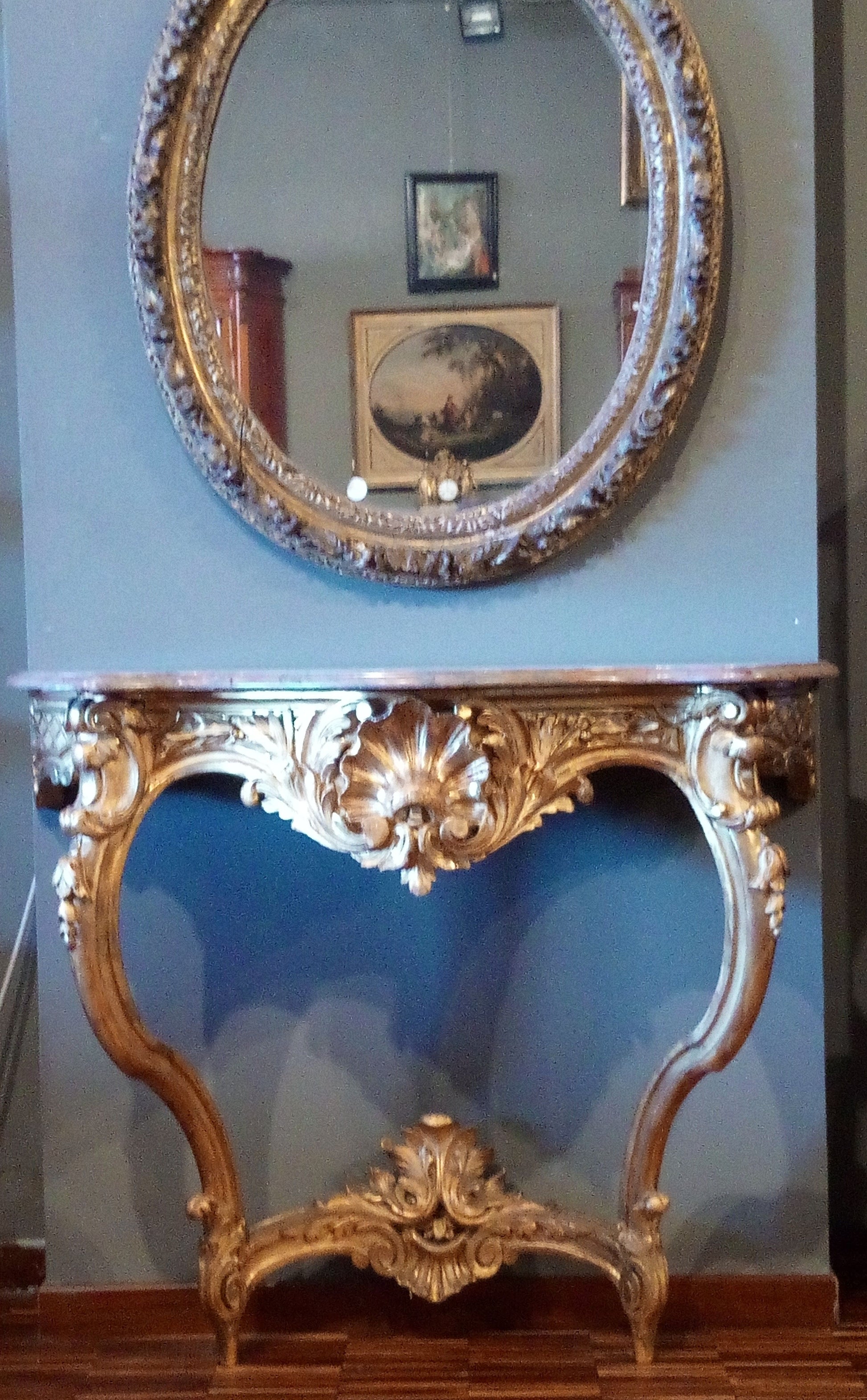 Antica consolle francese del 1800 in legno intagliato e dorato con marmo
