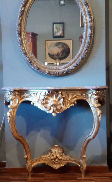 Antica consolle francese del 1800 in legno intagliato e dorato con marmo