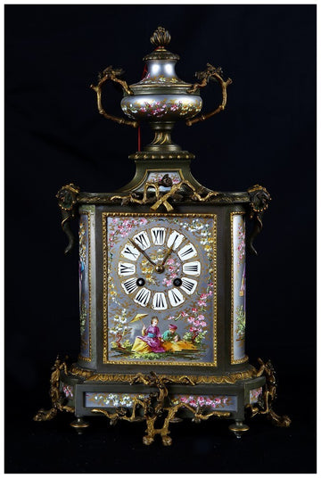 Orologio antico 1800 in metallo meccato con decorazioni, chinoiserie