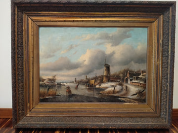 Antico quadro Jan Jacob Spöhler raffigurante paesaggio fiume ghiacciato