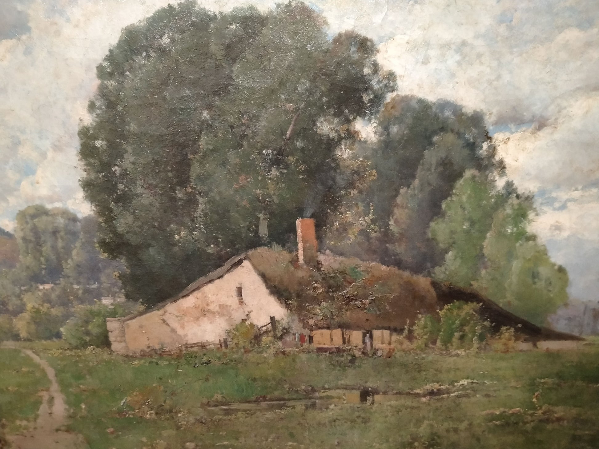 Antico olio su tela raffigurante paesaggio campestre impressionista 