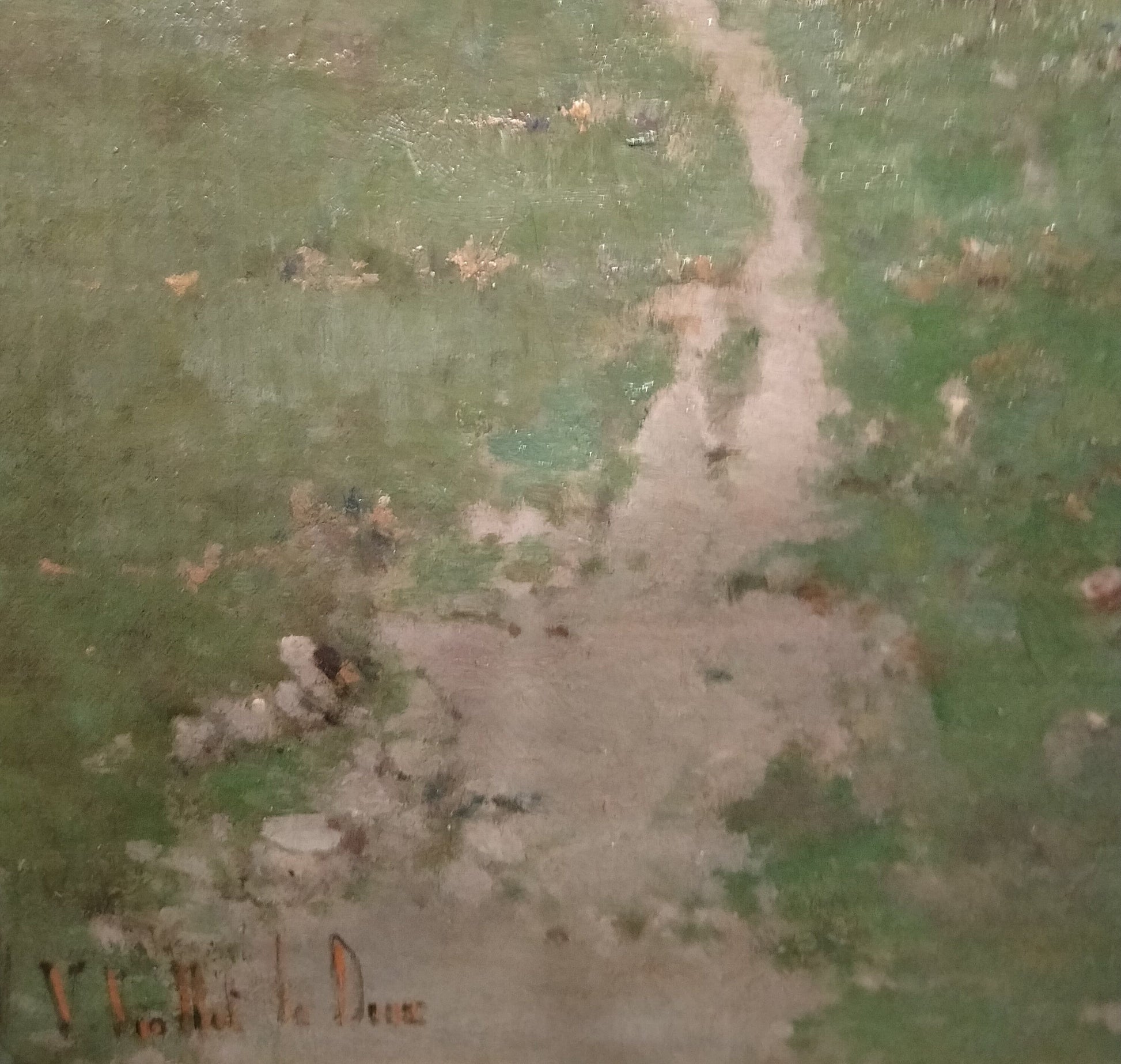 Antico olio su tela raffigurante paesaggio campestre impressionista 