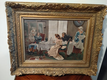Olio su tavola di ispirazione François Flameng "Scena di interni"