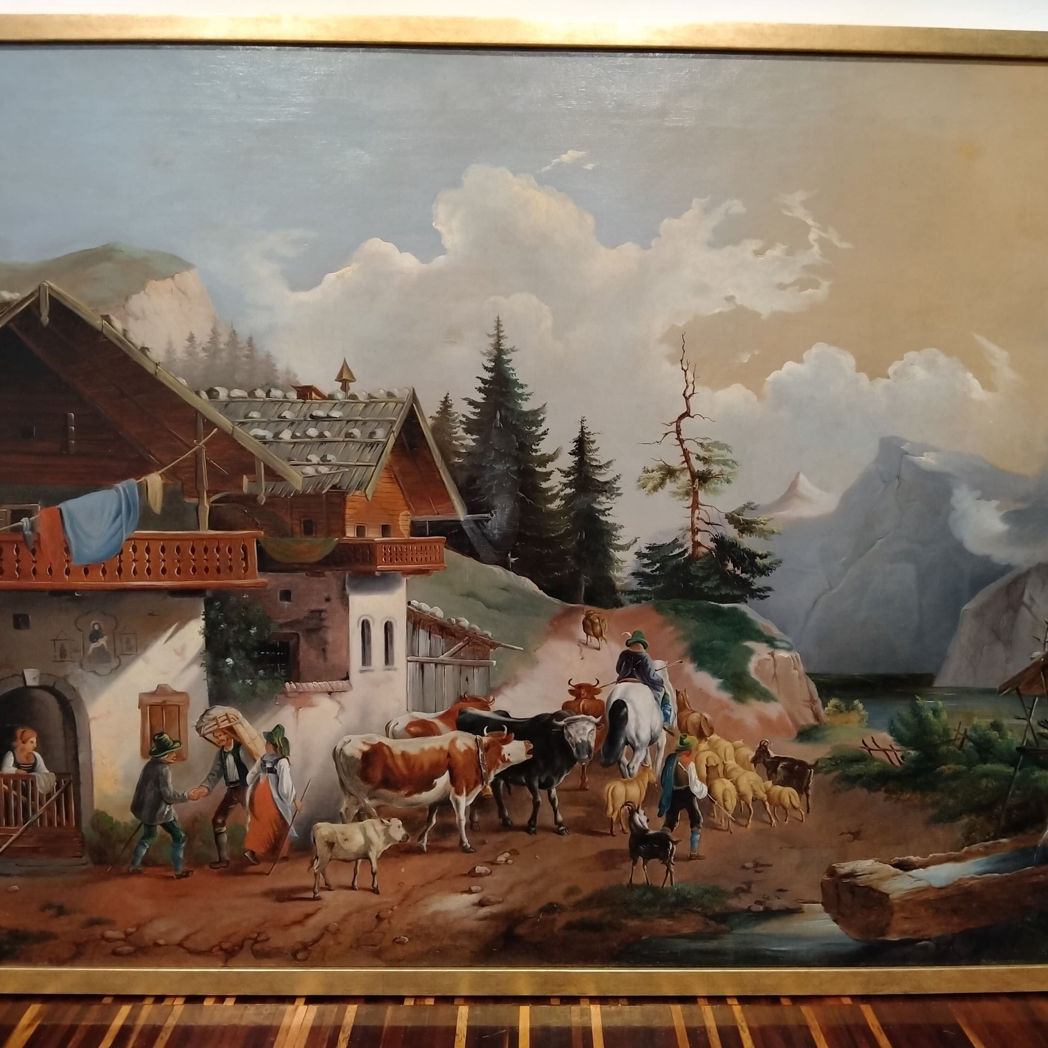 Antico olio su tela raffigurante paese di montagna personaggi animali 