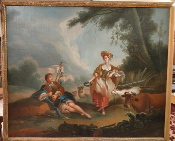 Antique French oil on canvas from 1700 depicting characters and animals