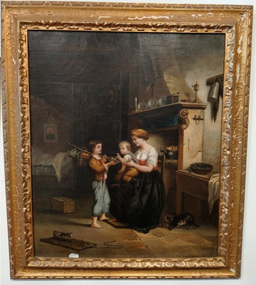 Olio su tela "Scena familiare" con focolare