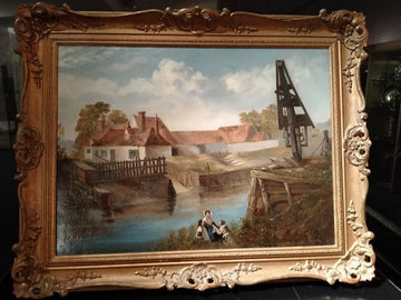 Antico olio su tela inglese del 1800 raffigurante paesaggio fluviale