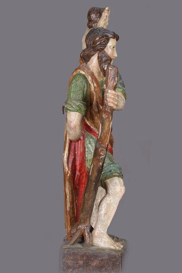 Antica statua italiana del 1800 in legno raffigurante San Cristoforo