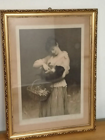 Antica stampa inglese del 1800 raffigurante donna con cagnolino