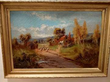 Antico olio su tela raffigurante paesaggio campestre con gregge 1800