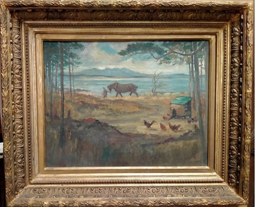 Olio su tela raffigurante paesaggio campestre 13967