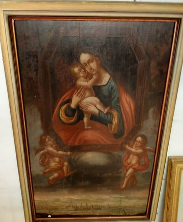 Ancient French oil on panel from the 18th century Madonna with child and cherubs