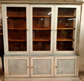 Antique large Italian fir bookcase, white and light blue lacquered