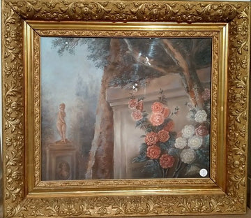 Pastello raffigurante scorcio di giardino con rose e statua