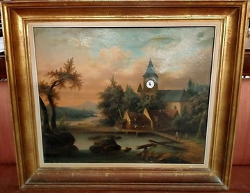 Antico olio su tela con incorporato vero orologio antico del 1800