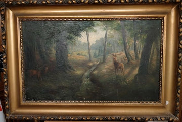 Antico olio su tela bosco con cervi nei pressi di un fiume 1800