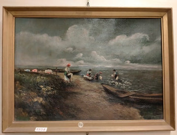 Oil on cardboard depicting a sea view with characters