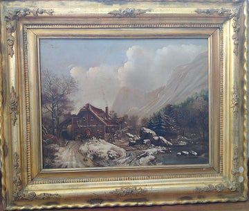 Antique Dutch oil on panel from 1800 snowy landscape with mill