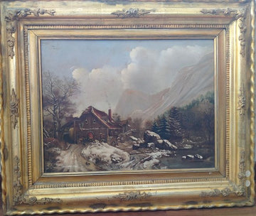 Antico olio su tavola olandese del 1800 paesaggio innevato con mulino